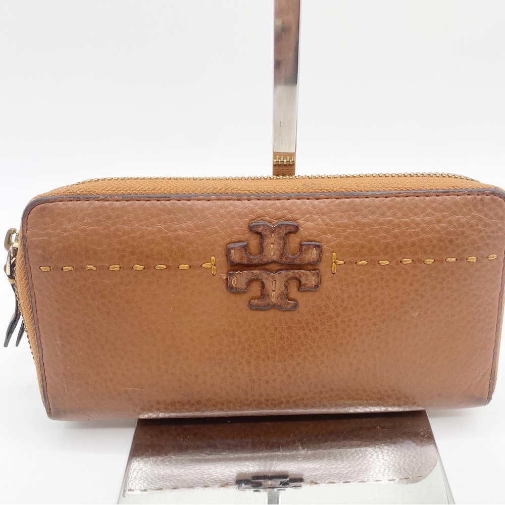 TORY BURCH Long Wallet Leather Caramel Color 7.5” x 4” Soft Leather Sleek - Picture 2 of 12
